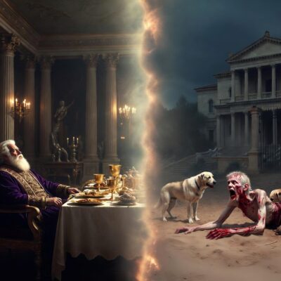 Dramatic split scene of the Parable of the Rich Man and Lazarus: wealthy man feasting in luxury contrasted with suffering beggar Lazarus and dogs outside the gate.