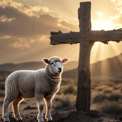 Gentle white lamb standing at the base of a wooden cross in desert wilderness with resurrection light rays.