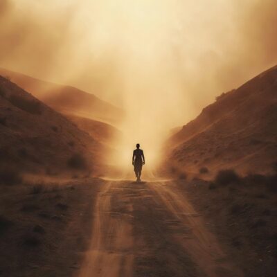 Solitary figure walking on ancient dusty road toward glowing horizon at sunrise, symbolizing “Come and see” and meeting Jesus.