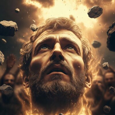 Stephen filled with the Holy Spirit looking to heaven while being stoned, with glowing aura and flying stones.