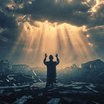 Man kneeling in prayer amid ruins with light breaking through storm clouds, symbolizing hope in the day of trouble (Psalm 86)