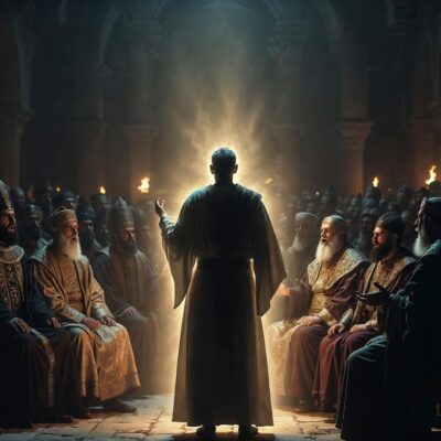 Stephen standing boldly before the Sanhedrin, filled with the Holy Spirit and illuminated by divine light while facing angry religious leaders in ancient robes.