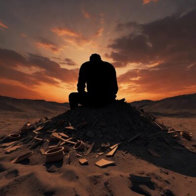 Solitary figure sitting in ashes and broken pottery in a desolate desert at sunset, illustrating Job’s suffering in the Bible.