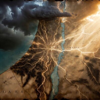 Ancient map of Jerusalem, Judea, and Samaria with glowing gospel paths spreading outward from storm clouds into radiant light.