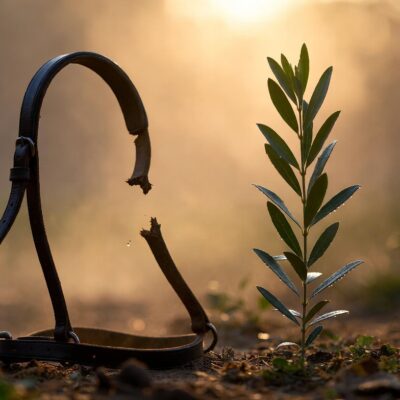 Broken horse bridle lying beside a flourishing olive branch with dew drops in soft morning light, symbolizing gospel meekness.