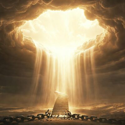 Open heavens with golden light beams descending on ancient stone path and broken chains, symbolizing divine sovereignty and spiritual freedom in Christ.